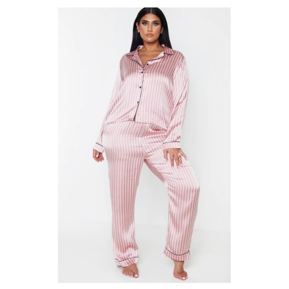NEW Plus Baby Pink Long Striped Satin PJ Set